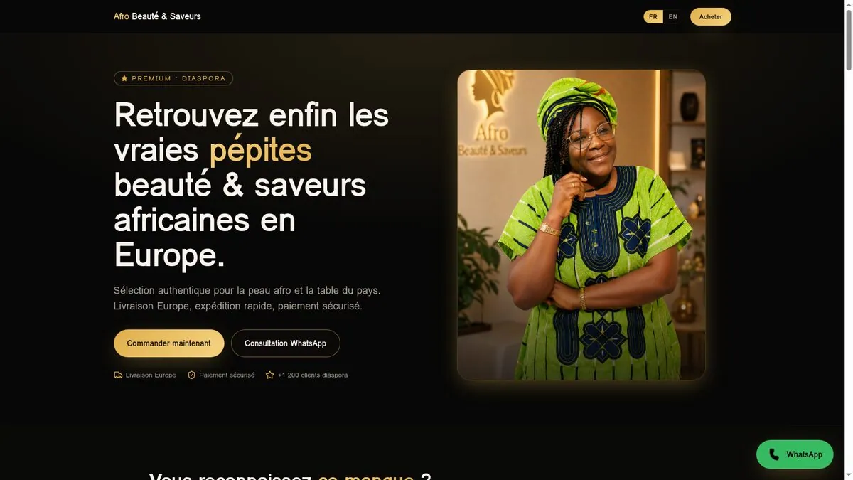 Landing page premium Afro Beauté & Saveurs — conversion WhatsApp, design sombre et or